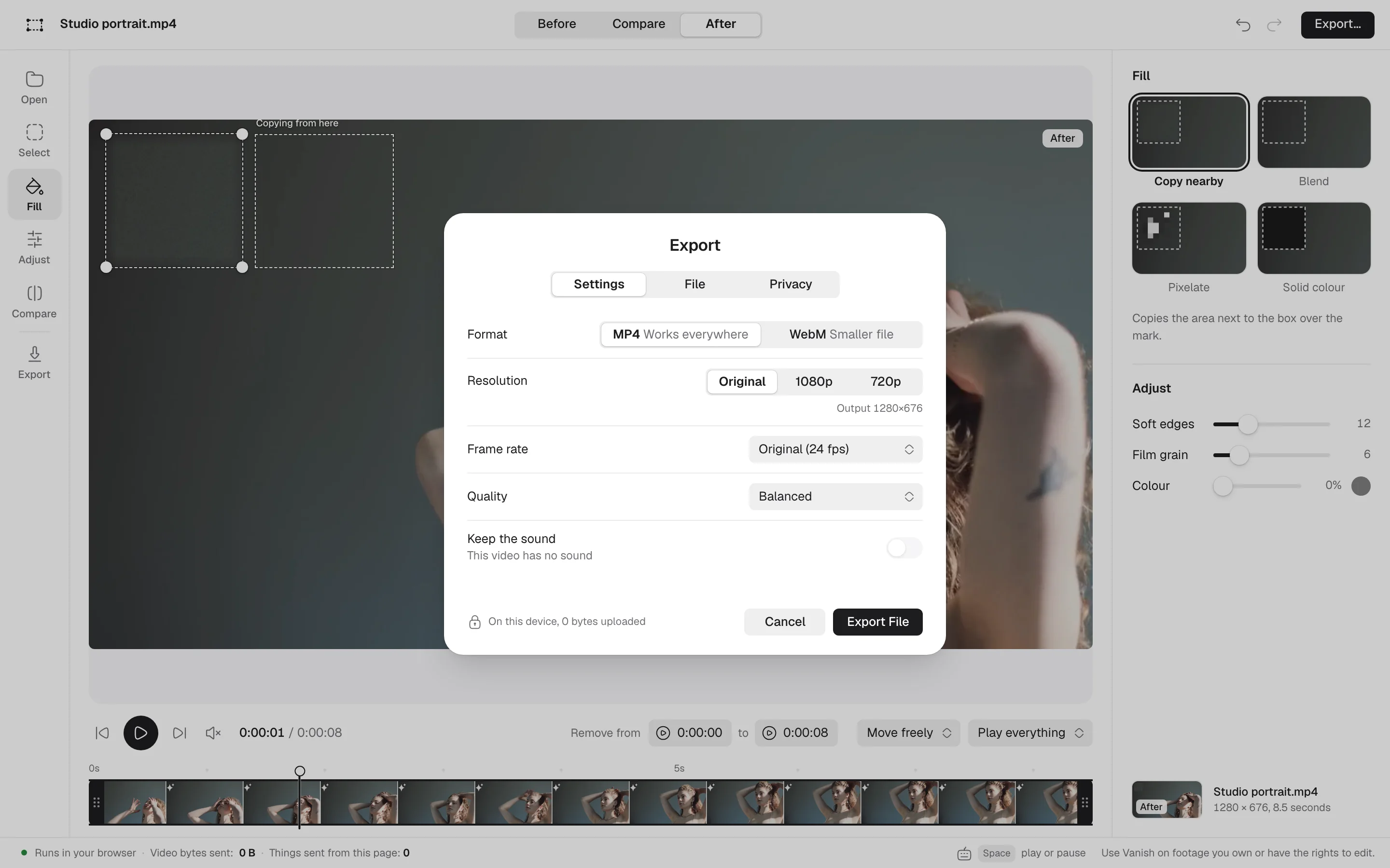 Step 4: the Export sheet. MP4 and Original resolution are selected, and the sheet reads: On this device, 0 bytes uploaded.