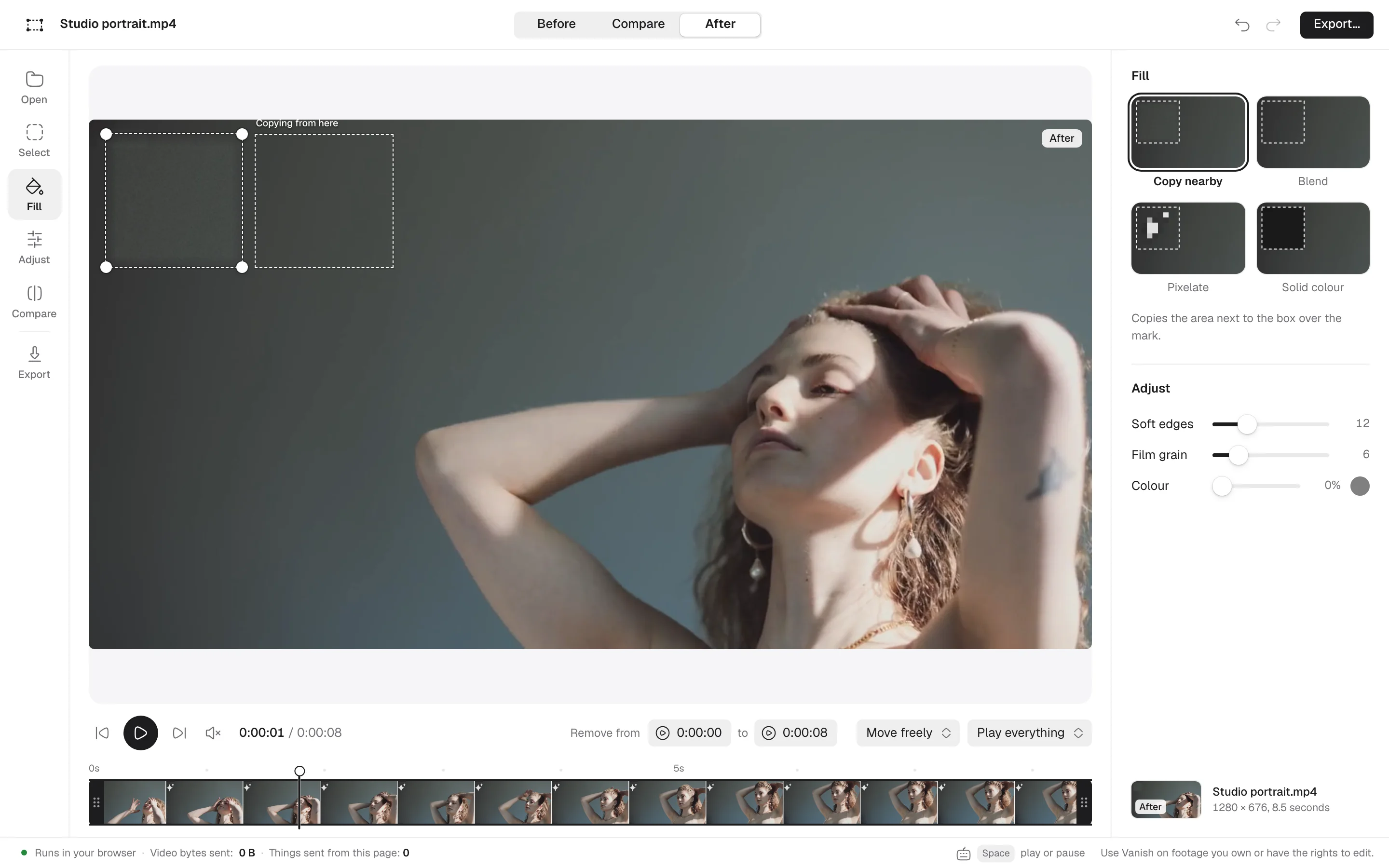 Step 3: Copy nearby selected; in the After view the sparkle is gone and the wall is clean.